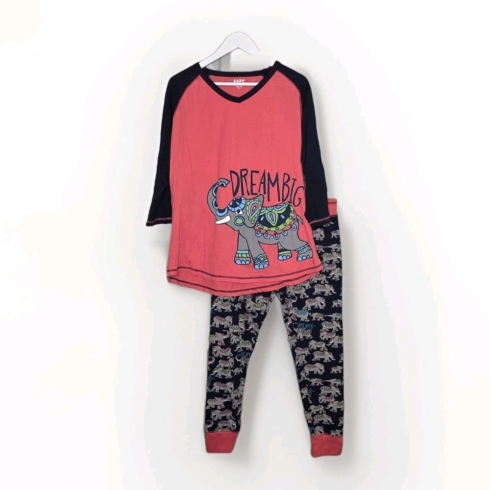 Lazy One Women's Large Coral Dream Big Elephant 2‎ Piece PJ Set 100% cotton